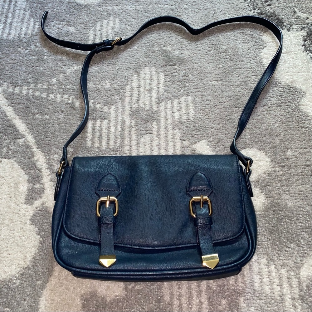 Charming Charlie Navy Blue Faux Leather Buckle Crossbody Bag